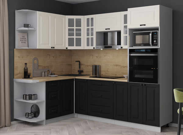 Изображение товара Кухонный гарнитур Интерлиния Мила Деко 1.68x2.4 LV (черный/белый/дуб бунратти)