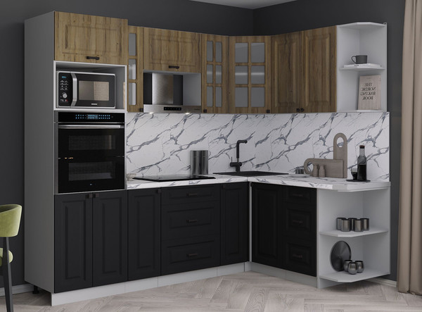 Изображение товара Кухонный гарнитур Интерлиния Мила Деко 1.68x2.4 PR (черный/дуб вотан/белый гранит)