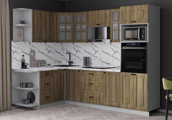 Изображение товара Кухонный гарнитур Интерлиния Мила Деко 1.68x2.6 LV (дуб вотан/дуб вотан/белый гранит)