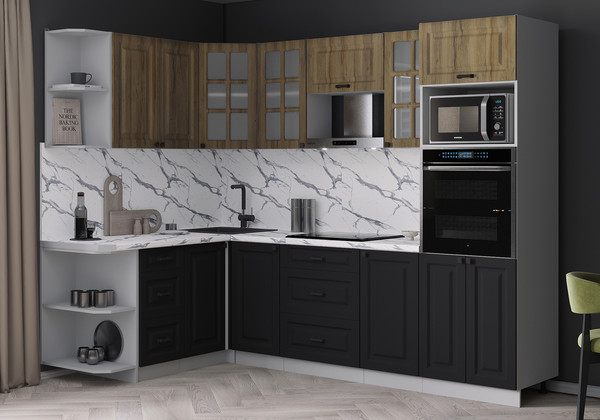 Изображение товара Кухонный гарнитур Интерлиния Мила Деко 1.68x2.6 LV (черный/дуб вотан/белый гранит)