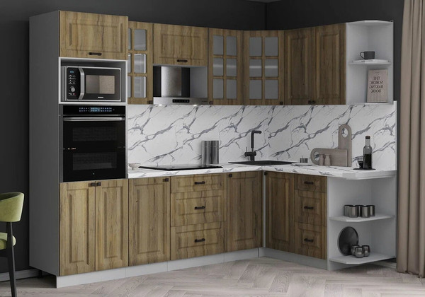 Изображение товара Кухонный гарнитур Интерлиния Мила Деко 1.68x2.6 PR (дуб вотан/дуб вотан/белый гранит)