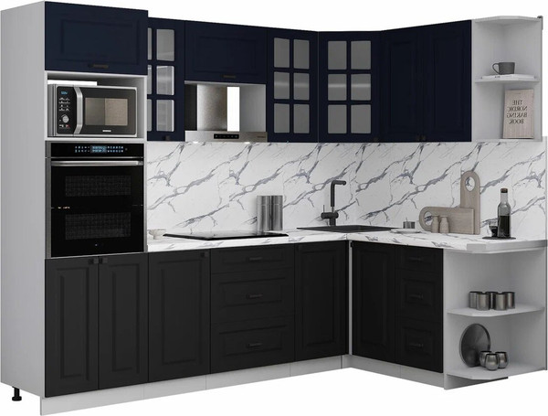 Изображение товара Кухонный гарнитур Интерлиния Мила Деко 1.68x2.6 PR (черный/индиго/белый гранит)