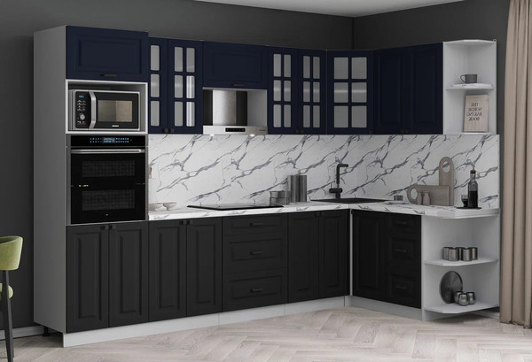 Изображение товара Кухонный гарнитур Интерлиния Мила Деко 1.68x3.0 PR (черный/индиго/белый гранит)
