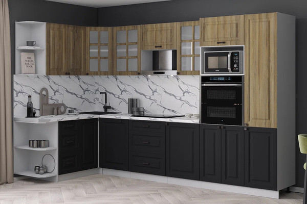 Изображение товара Кухонный гарнитур Интерлиния Мила Деко 1.68x3.2 LV (черный/дуб вотан/белый гранит)