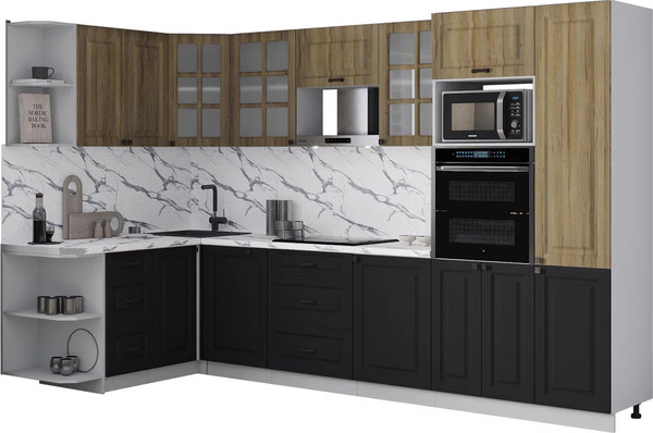 Изображение товара Кухонный гарнитур Интерлиния Мила Деко 1.68x3.2 LV (черный/дуб вотан/белый гранит)