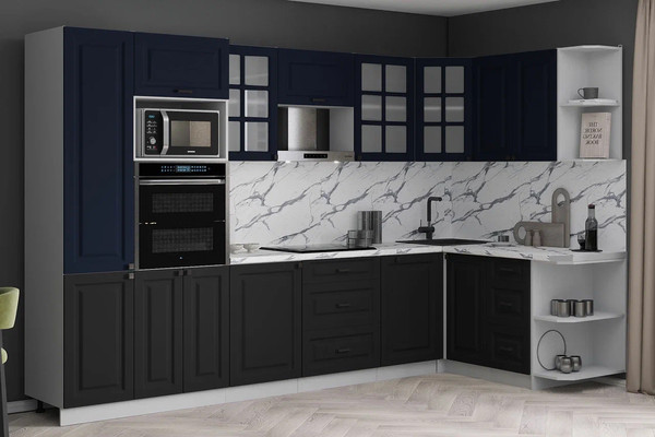 Изображение товара Кухонный гарнитур Интерлиния Мила Деко 1.68x3.2 PR (черный/индиго/белый гранит)