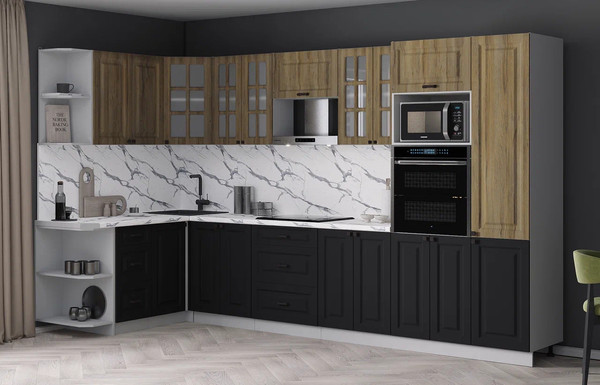 Изображение товара Кухонный гарнитур Интерлиния Мила Деко 1.68x3.4 LV (черный/дуб вотан/белый гранит)