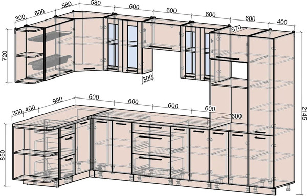 Изображение товара Кухонный гарнитур Интерлиния Мила Деко 1.68x3.4 LV (черный/дуб вотан/белый гранит)