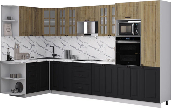 Изображение товара Кухонный гарнитур Интерлиния Мила Деко 1.68x3.4 LV (черный/дуб вотан/белый гранит)