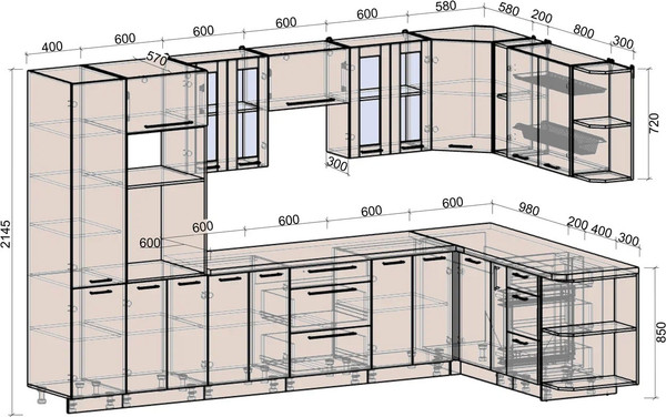 Изображение товара Кухонный гарнитур Интерлиния Мила Деко 1.68x3.4 PR (черный/дуб вотан/белый гранит)