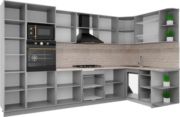 Изображение товара Кухонный гарнитур Интерлиния Мила Деко 1.68x3.4 PR (черный/дуб вотан/белый гранит)