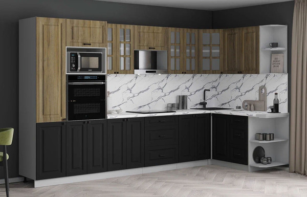 Изображение товара Кухонный гарнитур Интерлиния Мила Деко 1.68x3.4 PR (черный/дуб вотан/белый гранит)