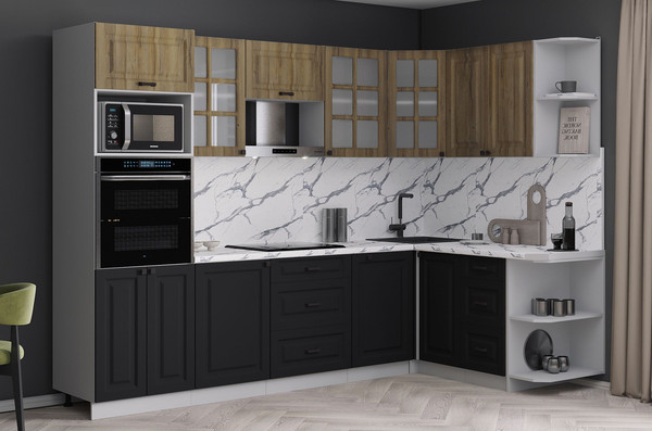 Изображение товара Кухонный гарнитур Интерлиния Мила Деко 1.68x2.8 PR (черный/дуб вотан/белый гранит)