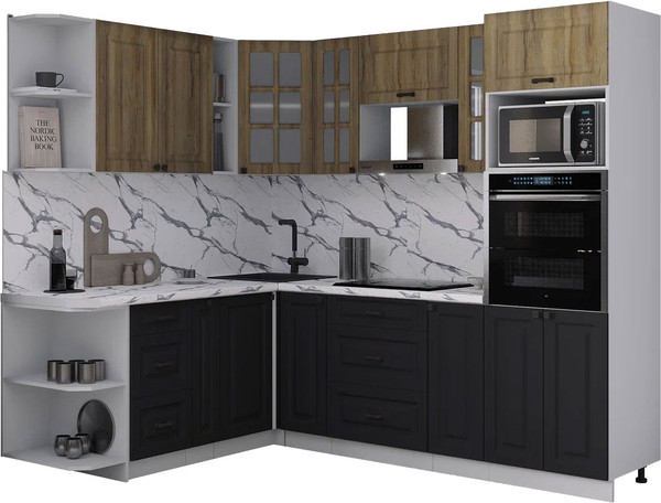 Изображение товара Кухонный гарнитур Интерлиния Мила Деко 1.88x2.4 LV (черный/дуб вотан/белый гранит)