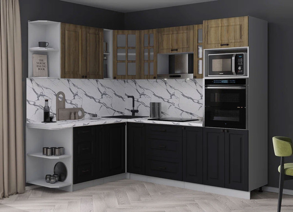Изображение товара Кухонный гарнитур Интерлиния Мила Деко 1.88x2.4 LV (черный/дуб вотан/белый гранит)