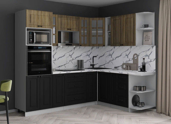 Изображение товара Кухонный гарнитур Интерлиния Мила Деко 1.88x2.4 PR (черный/дуб вотан/белый гранит)