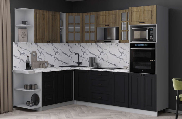 Изображение товара Кухонный гарнитур Интерлиния Мила Деко 1.88x2.6 LV (черный/дуб вотан/белый гранит)