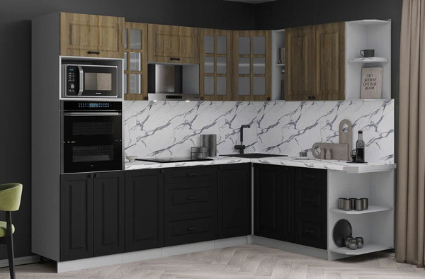Изображение товара Кухонный гарнитур Интерлиния Мила Деко 1.88x2.6 PR (черный/дуб вотан/белый гранит)