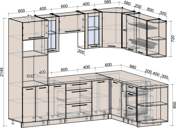 Изображение товара Кухонный гарнитур Интерлиния Мила Деко 1.88x2.6 PR (дуб вотан/луна/опал светлый)