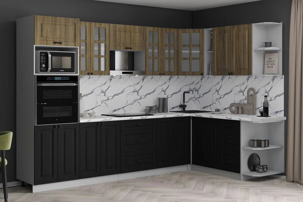 Изображение товара Кухонный гарнитур Интерлиния Мила Деко 1.88x3.0 PR (черный/дуб вотан/белый гранит)