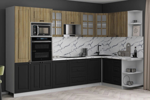 Изображение товара Кухонный гарнитур Интерлиния Мила Деко 1.88x3.2 PR (черный/дуб вотан/белый гранит)