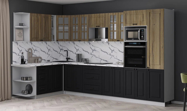 Изображение товара Кухонный гарнитур Интерлиния Мила Деко 1.88x3.4 LV (черный/дуб вотан/белый гранит)
