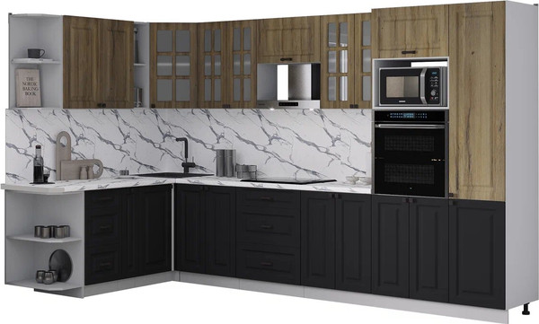 Изображение товара Кухонный гарнитур Интерлиния Мила Деко 1.88x3.4 LV (черный/дуб вотан/белый гранит)