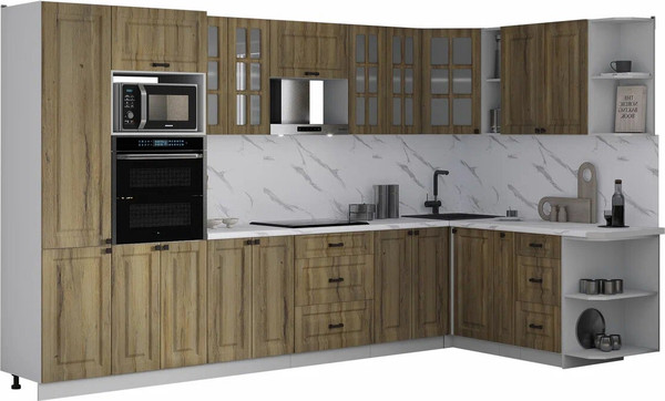Изображение товара Кухонный гарнитур Интерлиния Мила Деко 1.88x3.4 PR (дуб вотан/дуб вотан/белый гранит)