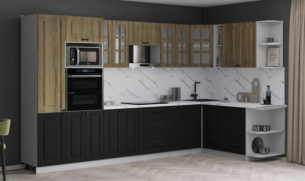 Изображение товара Кухонный гарнитур Интерлиния Мила Деко 1.88x3.4 PR (черный/дуб вотан/белый гранит)
