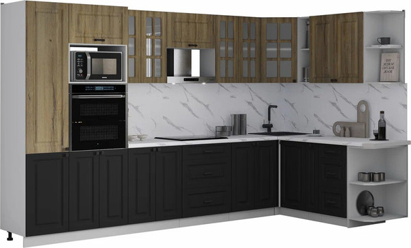 Изображение товара Кухонный гарнитур Интерлиния Мила Деко 1.88x3.4 PR (черный/дуб вотан/белый гранит)