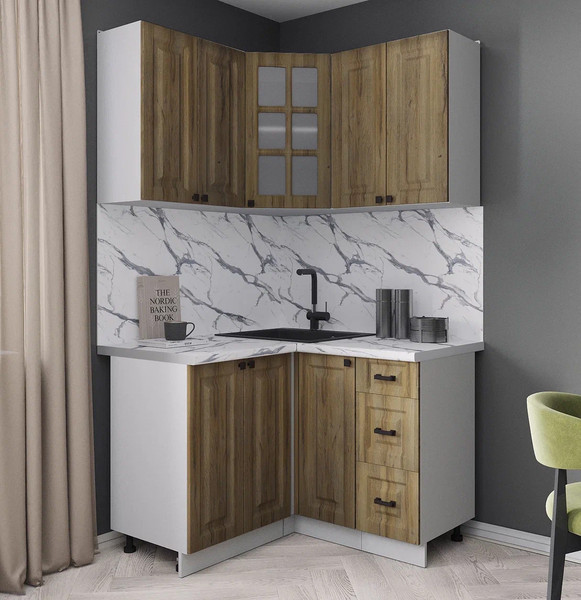 Изображение товара Кухонный гарнитур Интерлиния Мила Деко 1.2x1.2 (дуб вотан/дуб вотан/белый гранит)