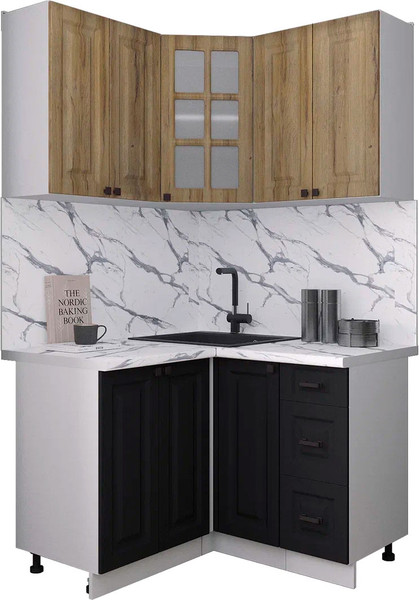 Изображение товара Кухонный гарнитур Интерлиния Мила Деко 1.2x1.2 (черный/дуб вотан/белый гранит)