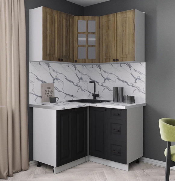 Изображение товара Кухонный гарнитур Интерлиния Мила Деко 1.2x1.2 (черный/дуб вотан/белый гранит)