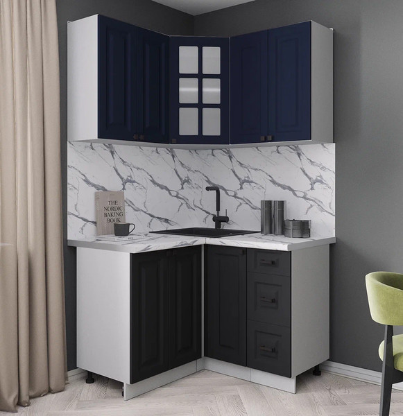 Изображение товара Кухонный гарнитур Интерлиния Мила Деко 1.2x1.2 (черный/индиго/белый гранит)