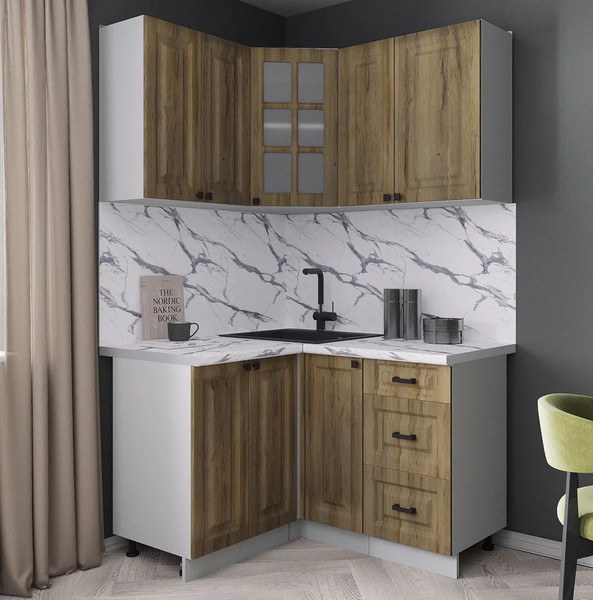 Изображение товара Кухонный гарнитур Интерлиния Мила Деко 1.2x1.3 (дуб вотан/дуб вотан/белый гранит)