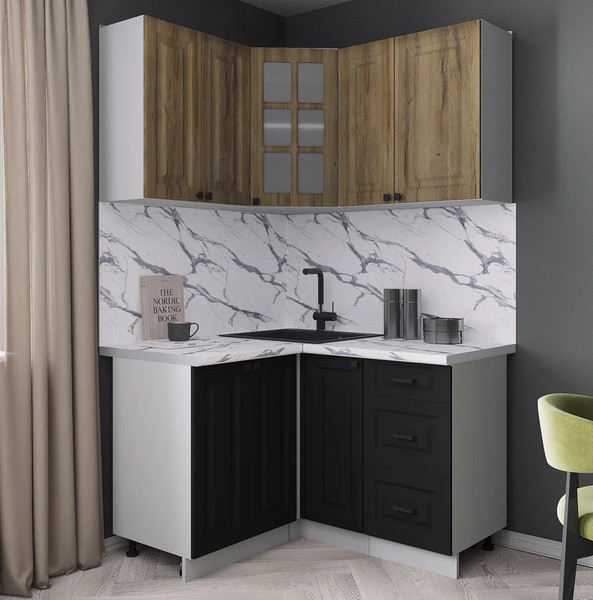 Изображение товара Кухонный гарнитур Интерлиния Мила Деко 1.2x1.3 (черный/дуб вотан/белый гранит)