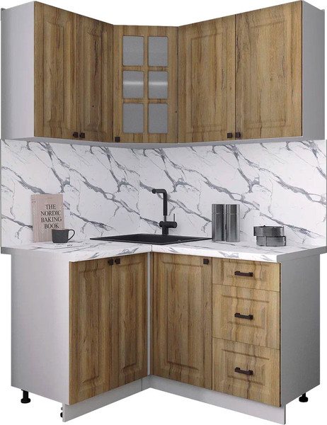 Изображение товара Кухонный гарнитур Интерлиния Мила Деко 1.2x1.4 (дуб вотан/дуб вотан/белый гранит)