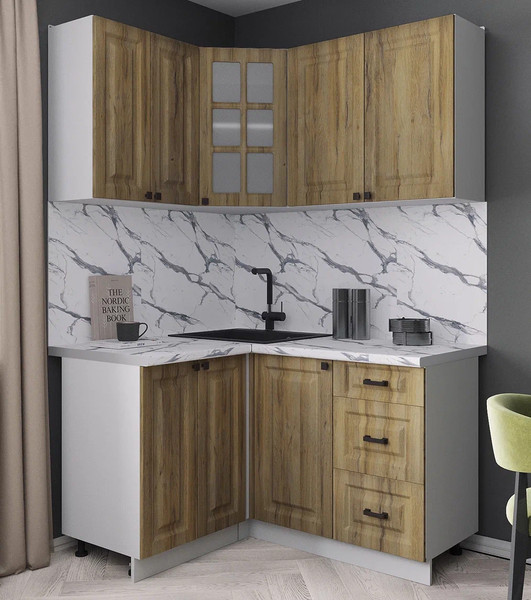 Изображение товара Кухонный гарнитур Интерлиния Мила Деко 1.2x1.4 (дуб вотан/дуб вотан/белый гранит)