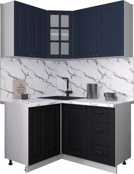 Изображение товара Кухонный гарнитур Интерлиния Мила Деко 1.2x1.4 (черный/индиго/белый гранит)