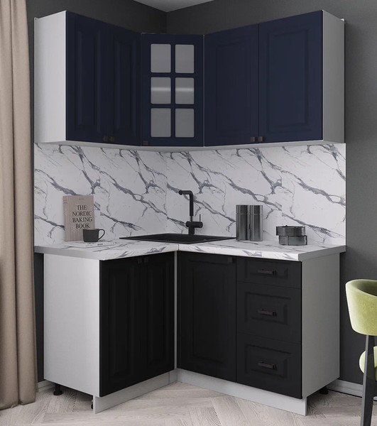 Изображение товара Кухонный гарнитур Интерлиния Мила Деко 1.2x1.4 (черный/индиго/белый гранит)