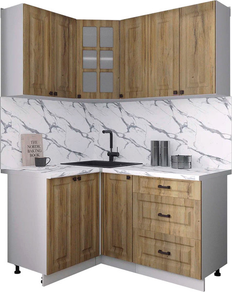 Изображение товара Кухонный гарнитур Интерлиния Мила Деко 1.2x1.5 (дуб вотан/дуб вотан/белый гранит)