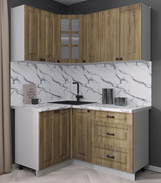 Изображение товара Кухонный гарнитур Интерлиния Мила Деко 1.2x1.5 (дуб вотан/дуб вотан/белый гранит)