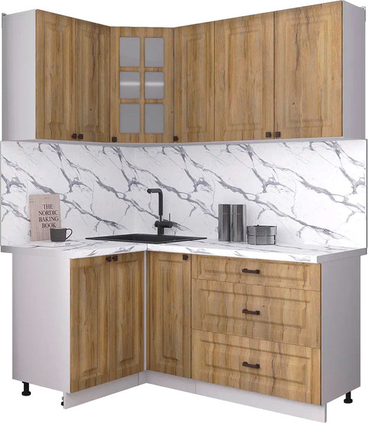 Изображение товара Кухонный гарнитур Интерлиния Мила Деко 1.2x1.7 (дуб вотан/дуб вотан/белый гранит)