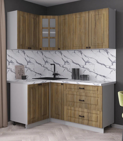 Изображение товара Кухонный гарнитур Интерлиния Мила Деко 1.2x1.7 (дуб вотан/дуб вотан/белый гранит)