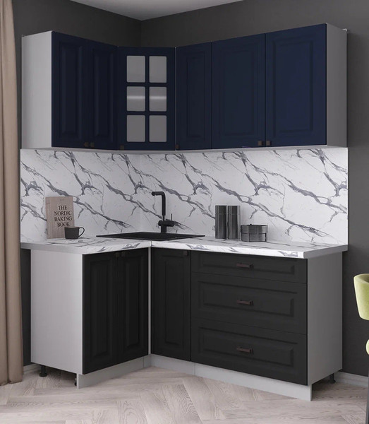 Изображение товара Кухонный гарнитур Интерлиния Мила Деко 1.2x1.7 (черный/индиго/белый гранит)