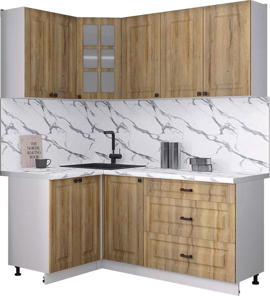 Изображение товара Кухонный гарнитур Интерлиния Мила Деко 1.2x1.8 (дуб вотан/дуб вотан/белый гранит)