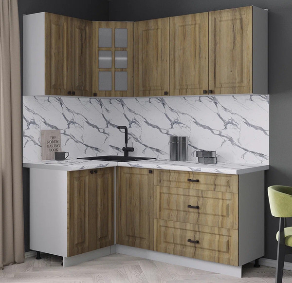 Изображение товара Кухонный гарнитур Интерлиния Мила Деко 1.2x1.8 (дуб вотан/дуб вотан/белый гранит)
