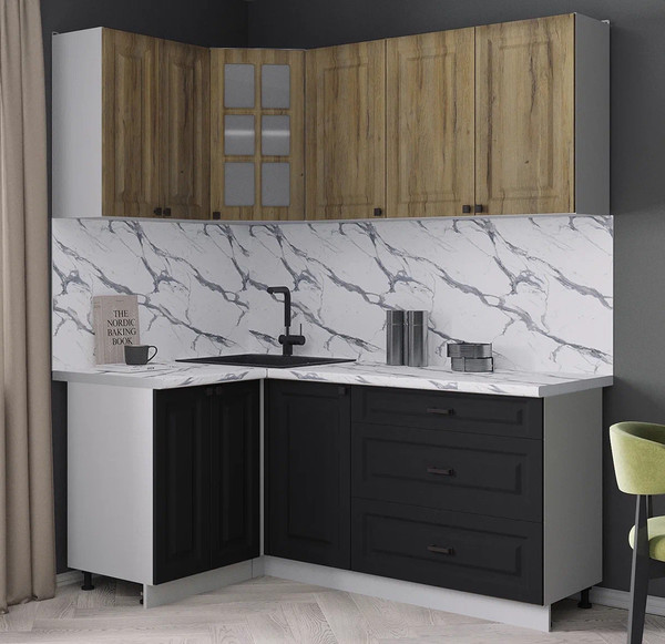 Изображение товара Кухонный гарнитур Интерлиния Мила Деко 1.2x1.8 (черный/дуб вотан/белый гранит)