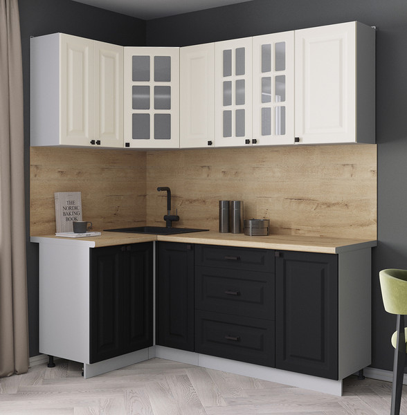 Изображение товара Кухонный гарнитур Интерлиния Мила Деко 1.2x1.9 (черный/белый/дуб бунратти)