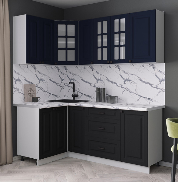 Изображение товара Кухонный гарнитур Интерлиния Мила Деко 1.2x1.9 (черный/индиго/белый гранит)